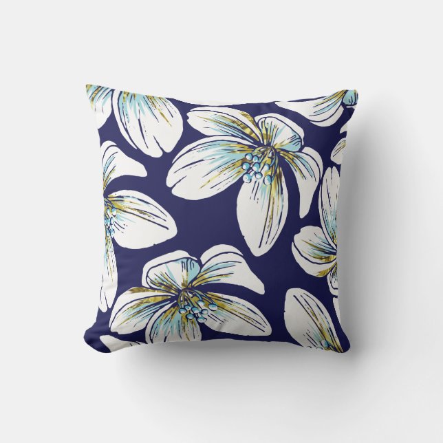 White tropical flowers pattern aqua, gold foil outdoor cushion (Front)