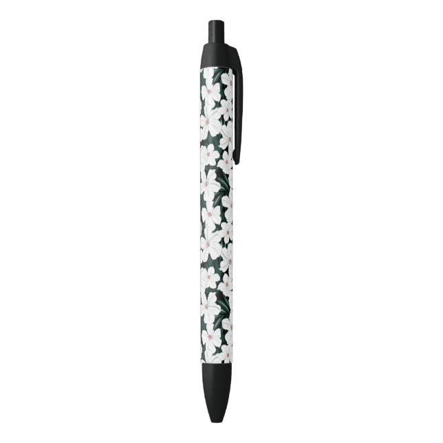 White Tropical Flowers Pattern Black Ink Pen (Bottom (Vertical))