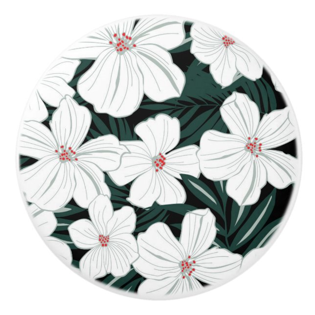 White Tropical Flowers Pattern Ceramic Knob (Front)