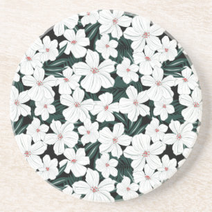 White Tropical Flowers Pattern Coaster
