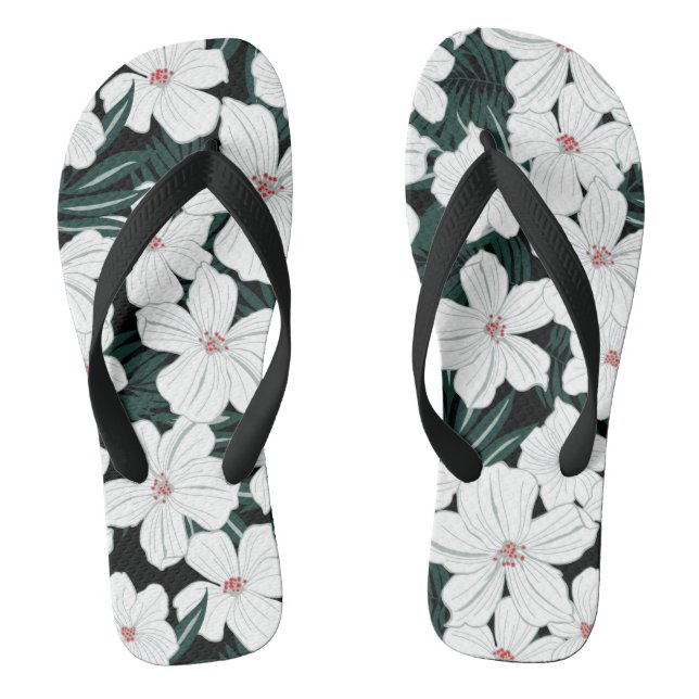 White Tropical Flowers Pattern Flip Flops (Footbed)
