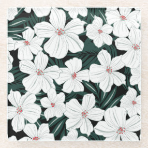 White Tropical Flowers Pattern Glass Coaster