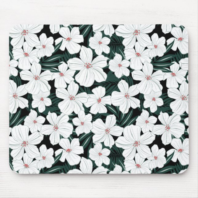 White Tropical Flowers Pattern Mouse Mat (Front)