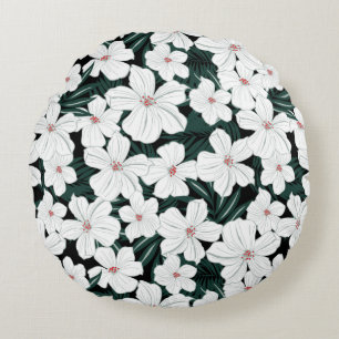 White Tropical Flowers Pattern Round Cushion