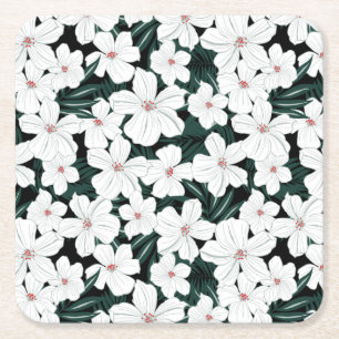 White Tropical Flowers Pattern Square Paper Coaster