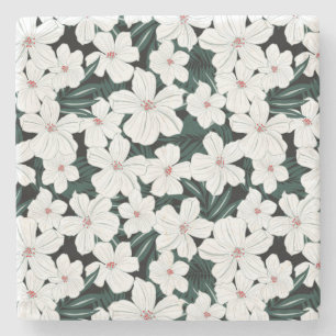 White Tropical Flowers Pattern Stone Coaster
