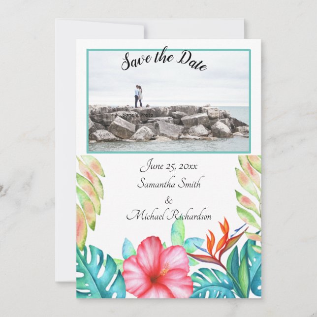 White Tropical Flowers Photo Save The Date (Front)