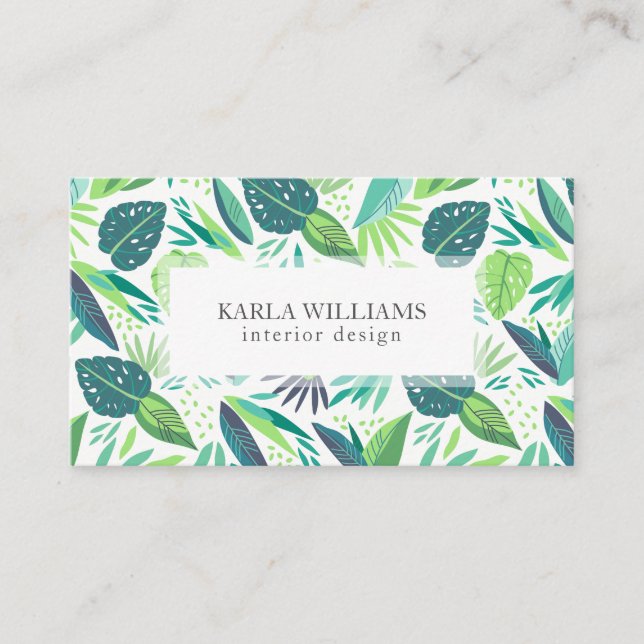 White & Tropical Green Leafs Pattern Business Card (Front)