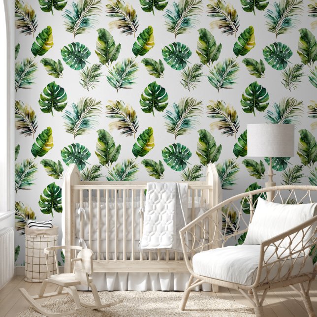White Tropical Green Leaves Wallpaper (Kids)