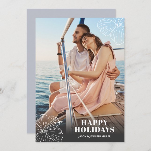 White Tropical Hawaiian Floral Photo Holiday Card (Front/Back)