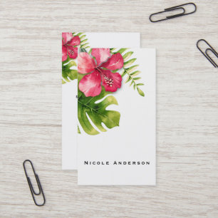 White Tropical Hibiscus Leaves Chic Elegant Floral Business Card