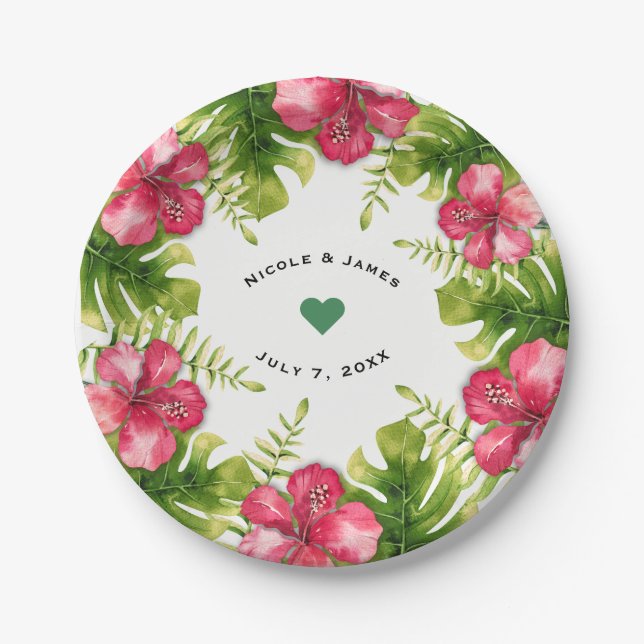 White Tropical Hibiscus Leaves Chic Wedding Party Paper Plate (Front)