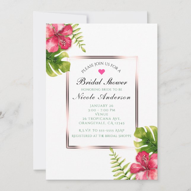 White Tropical Hibiscus Leaves Elegant Invitations (Front)