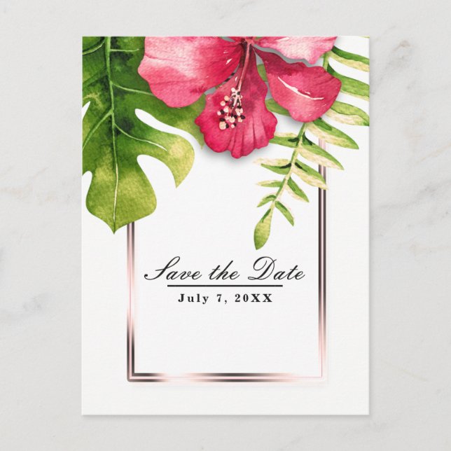 White Tropical Hibiscus Leaves Save the Date Announcement Postcard (Front)