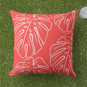 White Tropical Leaf Motif Coral Salmon Red Cushion