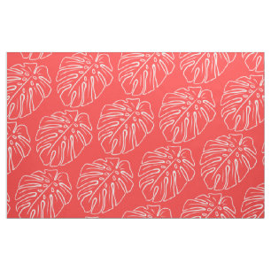 White Tropical Leaf Motif Coral Salmon Red Fabric