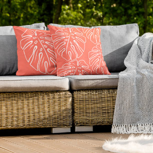White Tropical Leaf Motif On Coral Red Orange Cushion