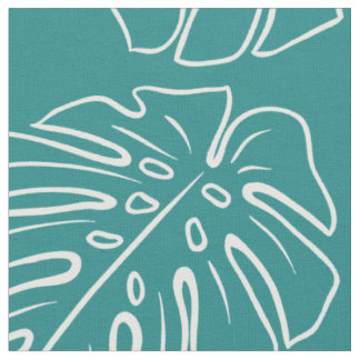 White Tropical Leaf Motif On Cyan Teal Blue Green Fabric