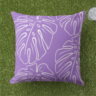 White Tropical Leaf Motif On Lavender Violet Cushion