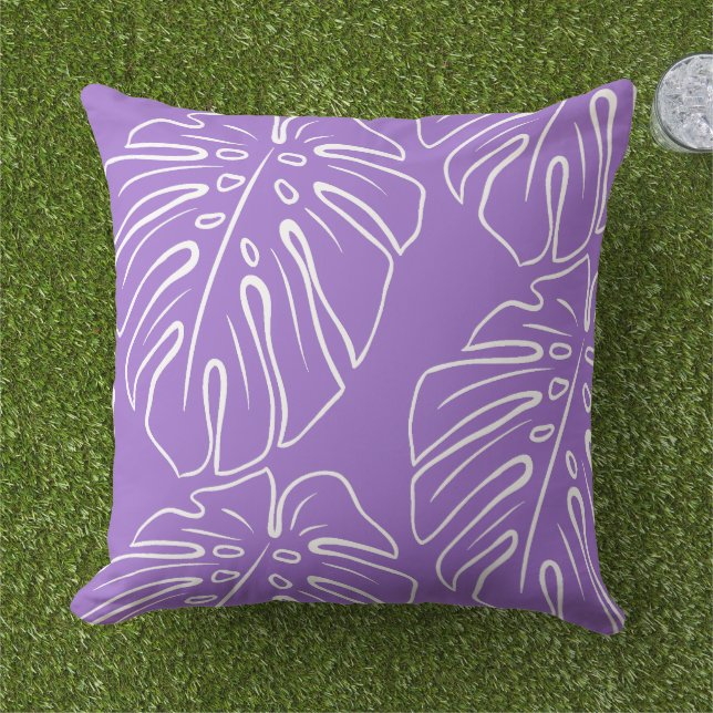 White Tropical Leaf Motif On Lavender Violet Cushion (Grass)