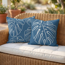 White Tropical Leaf Motif On Medium Dark Cyan Blue