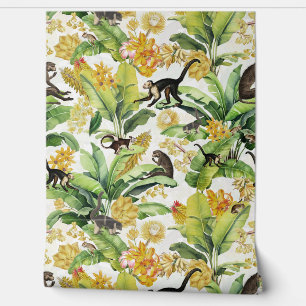 White Tropical Vintage Monkey Floral Rainforest Wallpaper