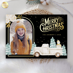 White Truck Snowman Christmas Photo Black Gold Foil Holiday Card