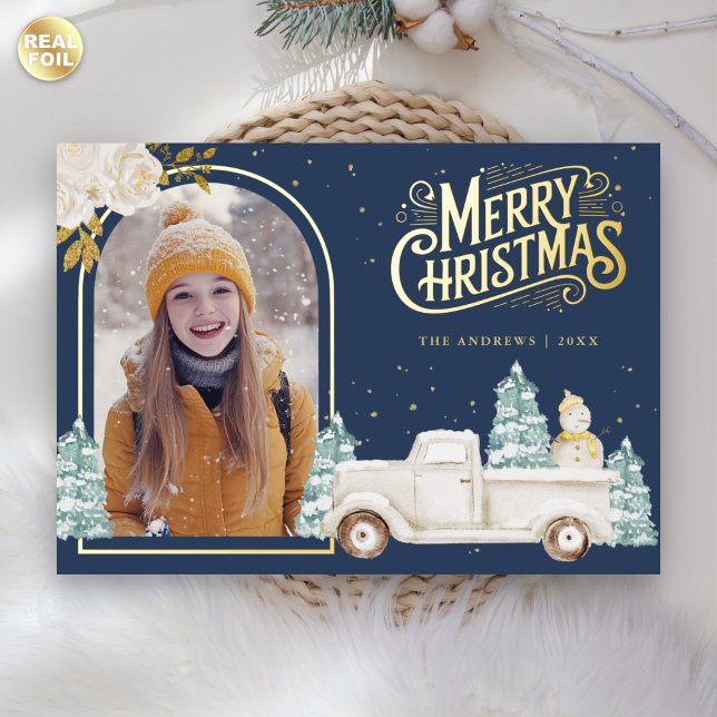 White Truck Snowman Christmas Photo Navy Blue Gold Foil Holiday Card (Creator Uploaded)