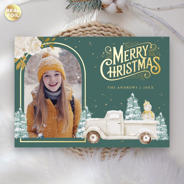White Truck Snowman Christmas Photo Teal Gold Foil Holiday Card (Creator Uploaded)