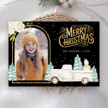 White Truck Snowman Gold Christmas Photo Black Holiday Card<br><div class="desc">Amaze your guests with this elegant woodland theme winter Christmas card featuring a cute white truck and adorable snowman with white flowers.  Simply add your text on this easy-to-use template and adorn this card with your favourite photo to make it a one-of-a-kind holiday card.</div>