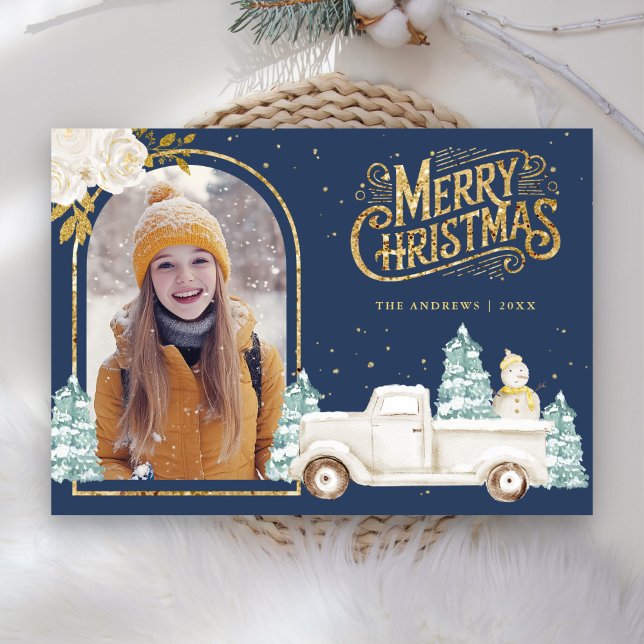 White Truck Snowman Gold Christmas Photo Navy Blue Holiday Card (Creator Uploaded)