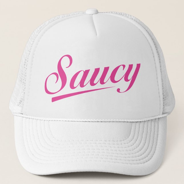 White Trucker Hat with a Pink Saucy logo (Front)