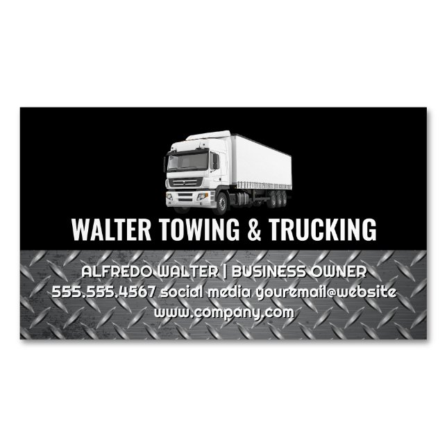 White Trucking Logo | Steel Trim | Logistics  Magnetic Business Card (Front)