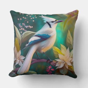 White Tufted Teal Wing Jay Fantasy Bird Cushion