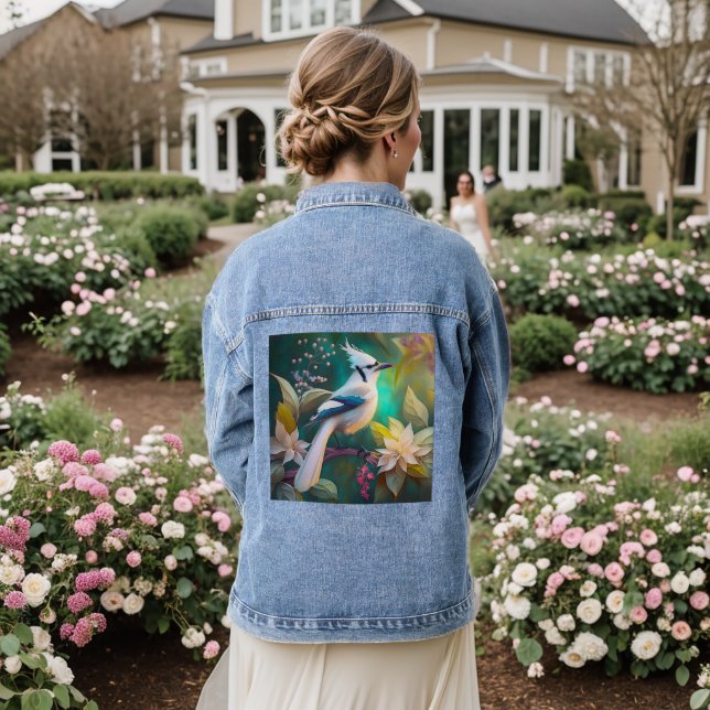 White Tufted Teal Wing Jay Fantasy Bird Denim Jacket (Wedding Back)