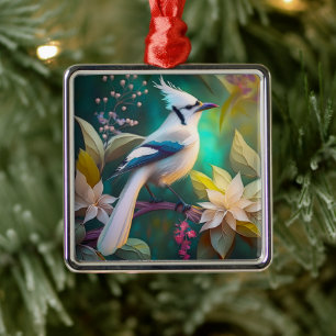 White Tufted Teal Wing Jay Fantasy Bird Metal Tree Decoration