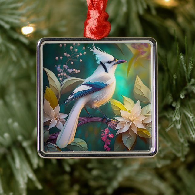 White Tufted Teal Wing Jay Fantasy Bird Metal Tree Decoration (Tree)