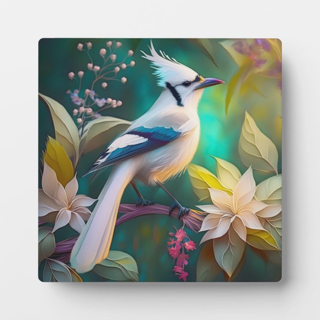 White Tufted Teal Wing Jay Fantasy Bird Plaque (Front)