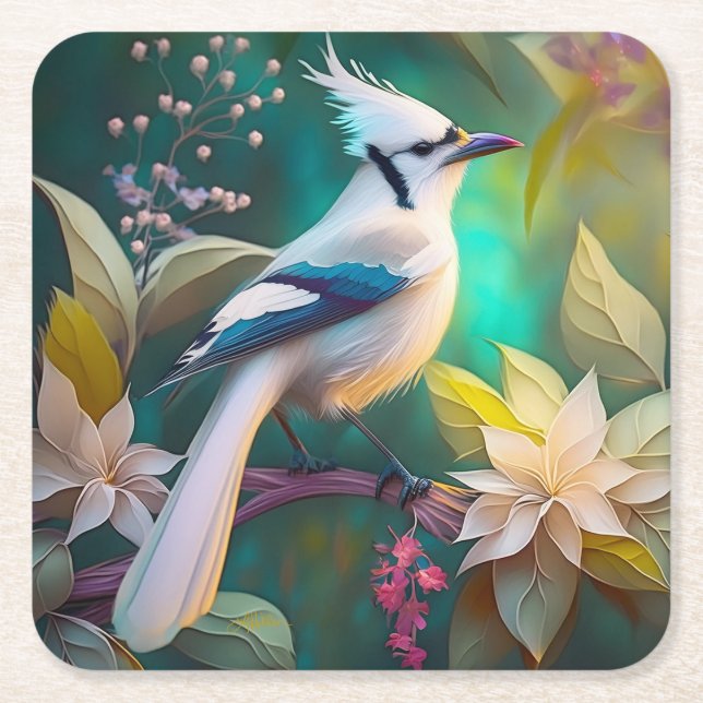 White Tufted Teal Wing Jay Fantasy Bird Square Paper Coaster (Front)