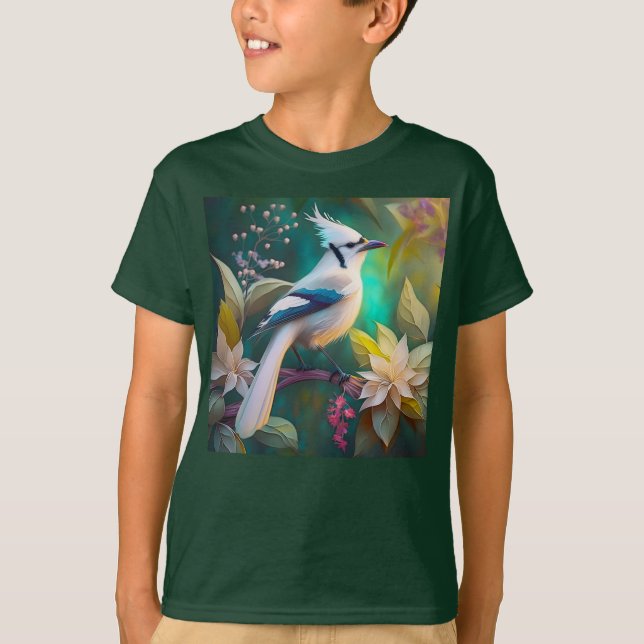 White Tufted Teal Wing Jay Fantasy Bird T-Shirt (Front)