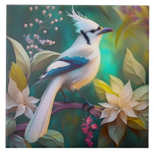 White Tufted Teal Wing Jay Fantasy Bird Tile
