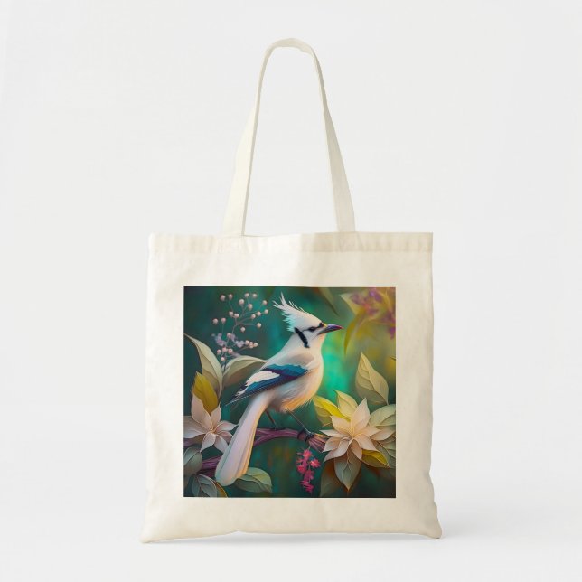 White Tufted Teal Wing Jay Fantasy Bird Tote Bag (Front)