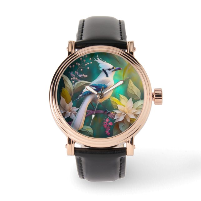 White Tufted Teal Wing Jay Fantasy Bird Watch (Front)
