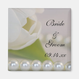 White Tulip and Pearls Spring Wedding Magnet