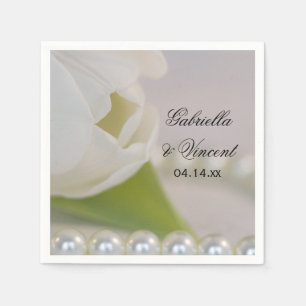 White Tulip and Pearls Spring Wedding Napkin