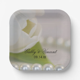 White Tulip and Pearls Spring Wedding Paper Plate