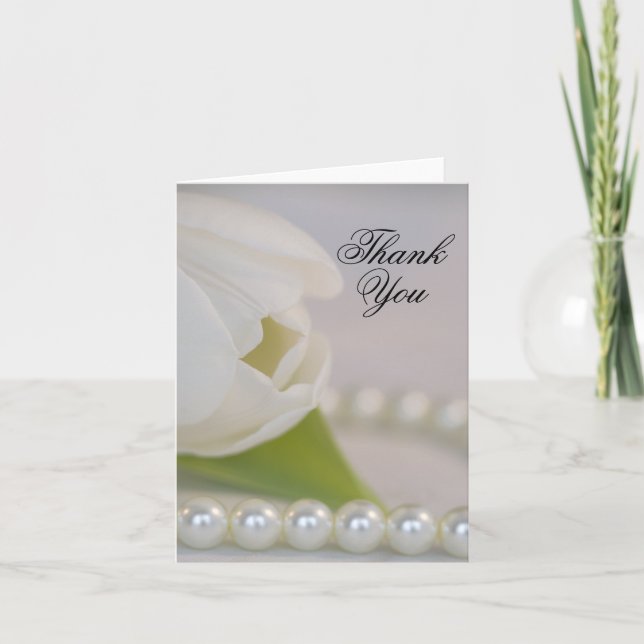 White Tulip and Pearls Spring Wedding Thank You Card (Front)