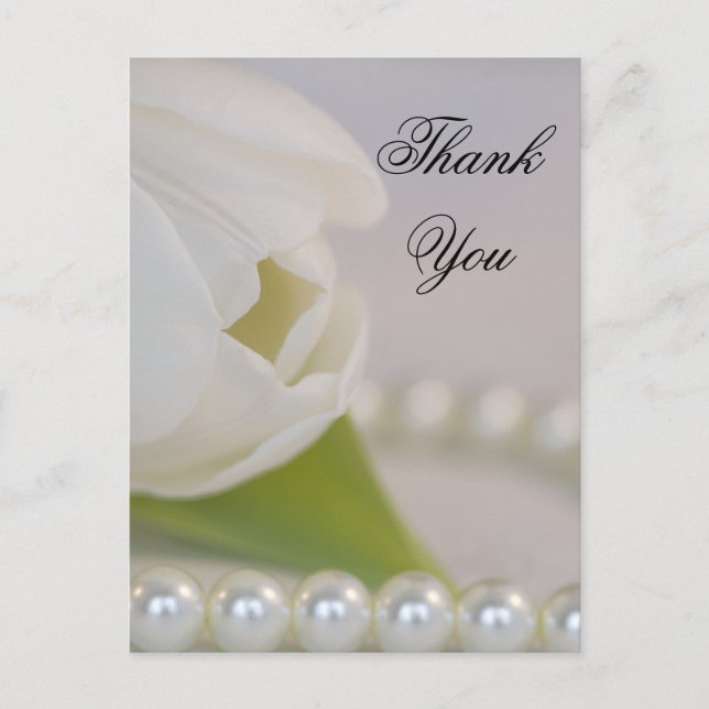 White Tulip and Pearls Spring Wedding Thank You Postcard (Front)