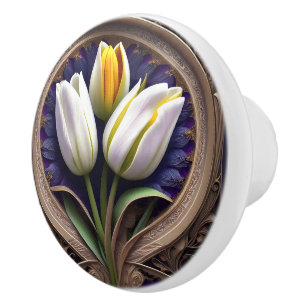White Tulip Art Nouveau Design, Ceramic Knob