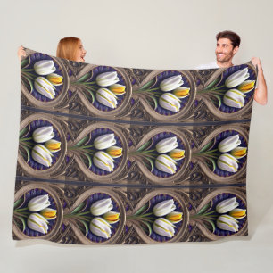 White Tulip Art Nouveau Design, Fleece Blanket